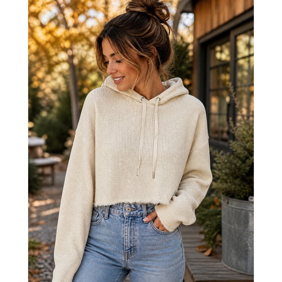 ASTR the Label Tops - ASTR The Label Ivory Waffle Knit Cropped Hoodie Women's Medium 100% Cotton Cozy